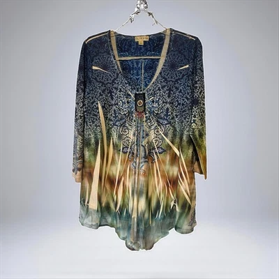 Live and Let Live Boho Tunic Top Sheer Flow Embellished Multi Color Size L Foto 1 de 4