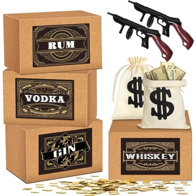 Favores de fiesta pirata de la mafia - 2 bolsas de dinero de lona y 2 armas inflables, caja Kraft Foto 1 de 4