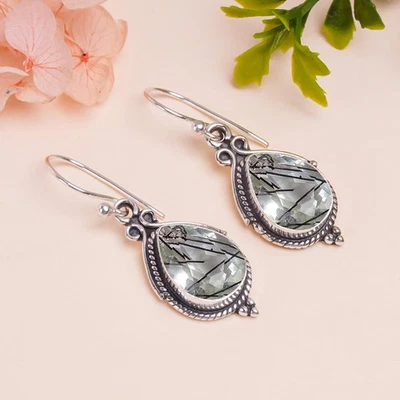 Black Rutilated Quartz 925 Sterling Silver Earring, Christmas Gift, E13558 - Image 1 of 4
