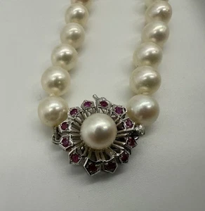 L25D16-ANTIKE PERLENKETTE MIT 585er 14K GOLD VERSCHLUSS MIT RUBIN, AKOYA COLLIER - Picture 1 of 6