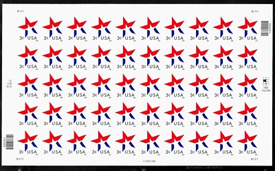 PATRIOTIC STAR US #3614 RED WHITE BLUE 2002 LOWER RIGHT 3c SHEET OF 50 STAMPS - Image 1 of 2