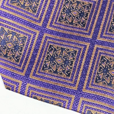 DANIEL DE FASSON Men's Silk Necktie Designer Geometric Purple Gold 57" x 4" - Image 1 of 4