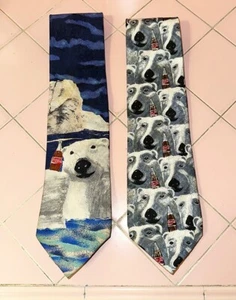 2 Vintage Coca Cola 100% Silk Neck Ties Polar Bears Coke Bottles - Picture 1 of 7