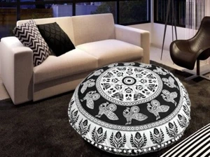 32" Peacock Floor Pillow Cover Round Cotton Elephant Animal Pouf (Cover Only) - Picture 1 of 4
