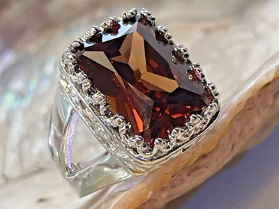 Garnet Rectangular Filigree Ring Women's 9 Silver Tone Brown Chunky Glam Bold - Image 1 of 4