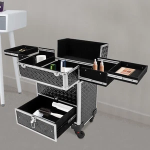 Rolling Makeup Case Hand-pulled Travelling Cosmetics Box w/ 4 Universal Wheels - Picture 1 of 24