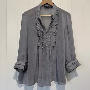Gordon Smith Women’s Blouse Size 16 Fine Navy/White Stripe Chiffon Pleated Frill - Picture 1 of 6