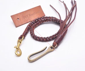 24" Handmade Brown Cowhide Leather Braided Truckers Trouser Pant Wallet Chain - Picture 1 of 39