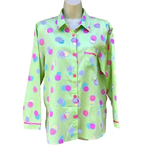 Victoria's Secret Pajama Top Womens S Lime Green Circles Polka Dots LS Pocket - Picture 1 of 7
