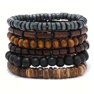 6pcs Set Mens Brown Black Beaded Vintage Wooden Wristband Bangle Bracelet Gift - Picture 1 of 6