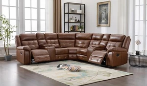 NEW 110" Saddle Brown Leather Gel 2-Recline Sectional Cupholder Console Storage - Picture 1 of 6