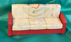 Vintage Ideal Dollhouse Furniture Sofa Bed Red Couch Yellow Blue Swirl Cushions
