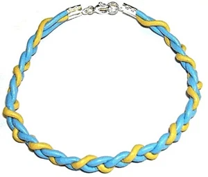 Bracelet En Argent 1Ère Loi 925 Avec Cuir Naturel Bleu Et Jaune. Unisexe. Neuf - Picture 1 of 3