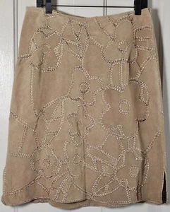 Coastal Cowgirl Suedessence Skirt Sz. 12 Tan Floral Crochet Patchwork Leather - Picture 1 of 24