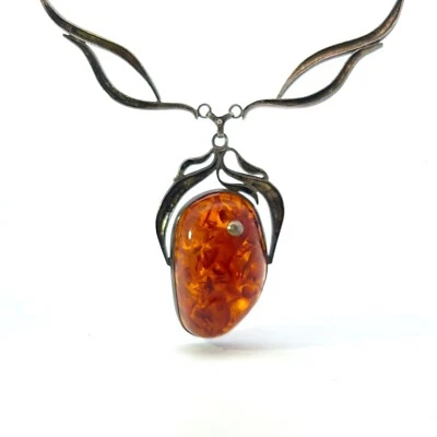 Antico Argento Sterling Grande Naturale Ambra Baltica Ciondolo Collana - Immagine 1 di 4