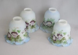 Set of 4 Hand Painted Cased Glass Shades w/ 2 1/4" Fitters, Fenton? SH859 - Picture 1 of 7
