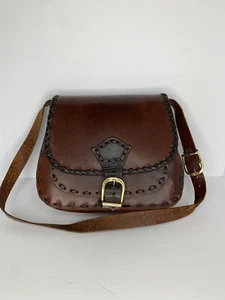 Handcrafted Vintage Brown Leather Shoulder Bag Satchel Handbag Purse Braided VTG - Picture 1 of 12