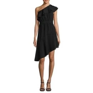 Wahrscheinlich schwarzes schulterfreies Delbarton Kleid Größe 2 asymmetrisch Rüschen neu mit Etikett - Bild 1 von 6
