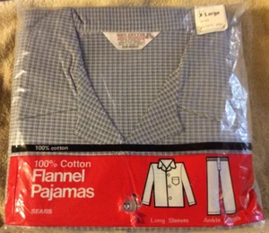 Vtg Sears Flannel Pajama Set Mens XL (46/48) 100% Cotton Blue Checkered / NIP - Picture 1 of 7