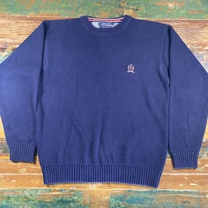 Vtg Tommy Hilfiger Sweater Mens Large Preppy Embroidered Lions Crest Y2K Knit - Picture 1 of 15