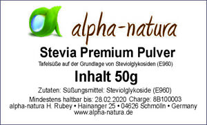 50g Stevia Premium Pulver-40% Reb. A Certified Quality +50 Stevia Tabs