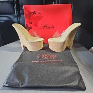 PLEASER Sexy Cork Platform Wedges 6 1/2" Heels Slip On BEAU601 Clear/Cork Size 5 - Picture 1 of 13