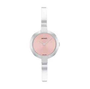 MOVADO 0607726 PINK DIAL SILVER STAINLESS STEEL BANGLE BRACELET WOMENS WATCH - Picture 1 of 4