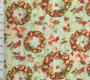 Harvest Wreath Cotton Fabric Thanksgiving Autumn Country Fence Susan Winget FQ - Picture 1 of 1