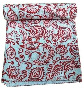 Reversible Floral & Jardín Kantha Colcha Blanco Doble Manta Bohemio Cama - Imagen 1 de 5