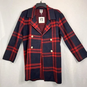 Anne Klein Windowpane Sweater Coat Red & Navy Square New with Tags Size M - Picture 1 of 9