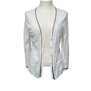 Escada Cardigan Pullover weiß Schurwolle Knopfleiste transparenter Besatz Größe Medium - Bild 1 von 12