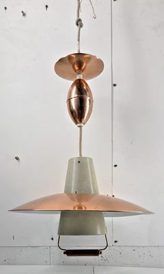Vintage Brass Pull Down Ceiling Light Lightolier Retractable Cord Saucer Shade - Image 1 of 4