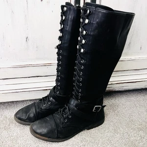 Tall Black Gothic Steampunk Lace up Knee High Combat Boots Goth - Womens Size 10 - Picture 1 of 9