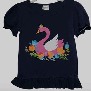 Boutique Blue Short Sleeve Top Girls Lg 4/5 Casual Summer School Swan Flowers - Picture 1 of 3