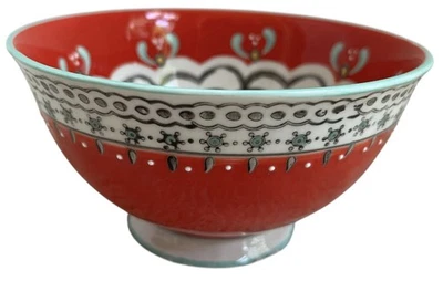 Anthropologie X Elka Ayaka Footed Pedestal Red Teal Floral Cereal Serving Bowl - Image 1 of 4