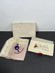 Pañuelo de seda bordado Primera Guerra Mundial feliz cumpleaños c1915 Francia - Imagen 1 de 21