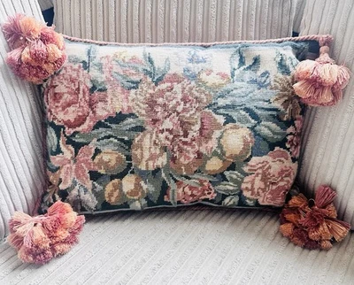 vintage floral needlepoint Recangle  cushion Cottage Core- Peach Velvet Backing - Image 1 of 4