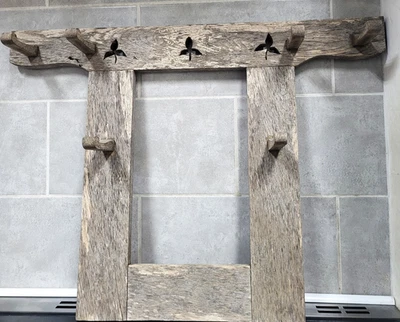 Antique Rustic Scandinavian Style Washed Out Oak Coat Hat Rack Hooks. Carved. - Image 1 of 4