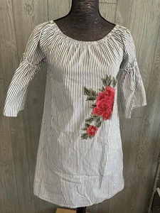 Potters Pot Women Size S White Black Striped Rose Applique Cotton Dress - Picture 1 of 7
