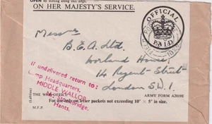 1959 Camp Headquarters Middle Wallop Stockbridge Hants Official Cover FPO 1026 - Picture 1 of 5