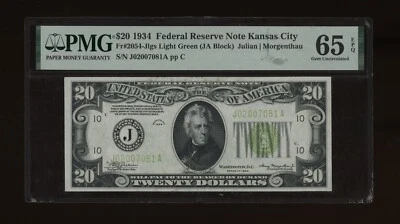 DBR 1934 $20 LGS FRN Kansas City Gem Fr. 2054-Jlgs PMG 65 EPQ Serial J02007081A - Image 1 of 2