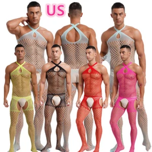 Men's Sexy Lingerie Bodystocking Hollow Out Fishnet Halter Neck Tights AU - Picture 1 of 45