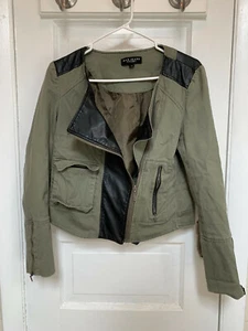 MAX JEANS Black Faux Leather Olive Green Canvas Vegan Motorcycle Jacket, Small - Picture 1 of 5