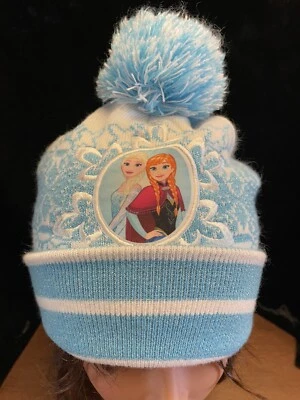 女孩暖线针织冬帽蓝色迪士尼冰雪奇缘艾莎安娜球形雪花 — 第 1/4 张图片
