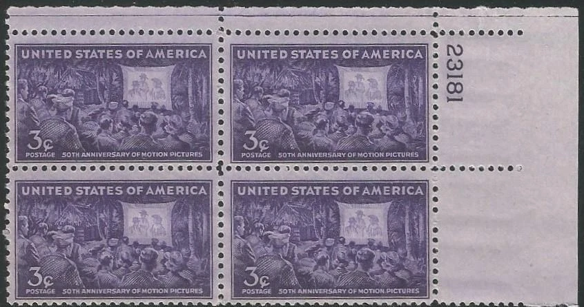 Plate Block of 4 stamps - Scott 926 - 3 cent - Motion Pictures - 1944 - MNH - Image 1 of 1