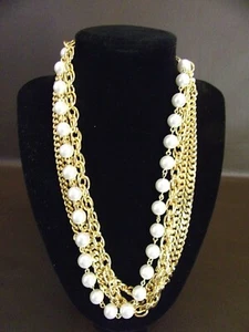 Multi-Strand Gold Tone Chain & White Bead Necklace (Chunky) - Picture 1 of 4