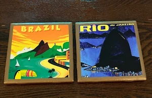 Posavasos de madera cuadrados retro de 4"" X 4"" Río de Janeiro Brasil - Juego de 2 - Imagen 1 de 4