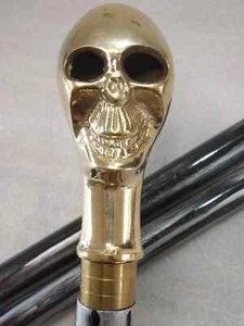 Gothic Skull Head Handle Brass Wooden Walking Stick - Picture 1 of 6