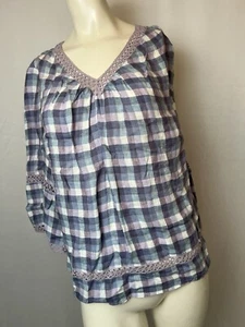 Chicos Sz 2 Shirt Blue Purple Linen Blouse V-Neck Loose Bell Sleeve Women's 12P - Picture 1 of 12
