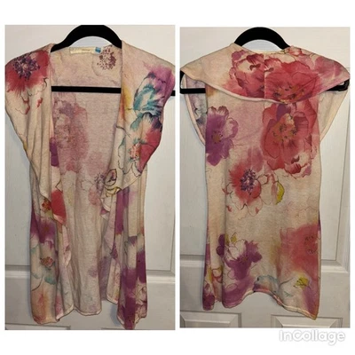 Chaleco Sparrow S Anthropologie Abierto con Volantes Acuarela Floral Lino Algodón Rosa Foto 1 de 4